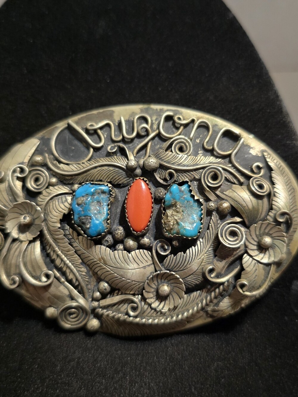 Vtg Native Pictograph Signed .999 nickel Silver Turquoise/Coral Belt Buckle